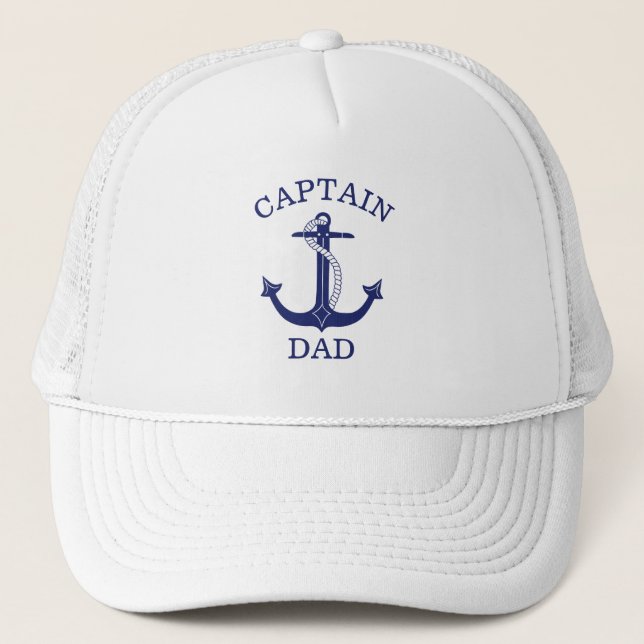 Nautical Blue Anchor Captain Dad Trucker Hat (Front)