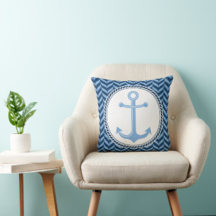 Nautical Blue Anchor coastal Throw Pillow
