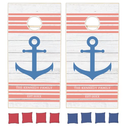 Nautical Blue Anchor Coral Stripe Wood Beach House Cornhole Set