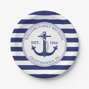Nautical Blue Anchor Family Reunion Navy Stripes Paper Plates