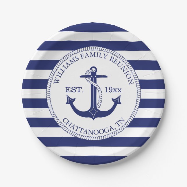 Nautical Blue Anchor Family Reunion Navy Stripes Paper Plates (Front)