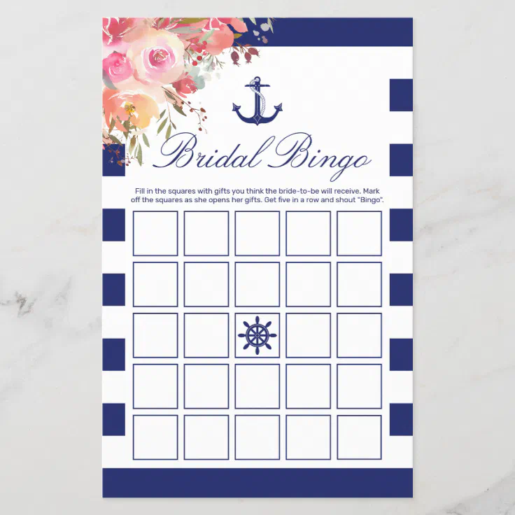 Nautical Blue Anchor Floral Bridal Bingo Game | Zazzle
