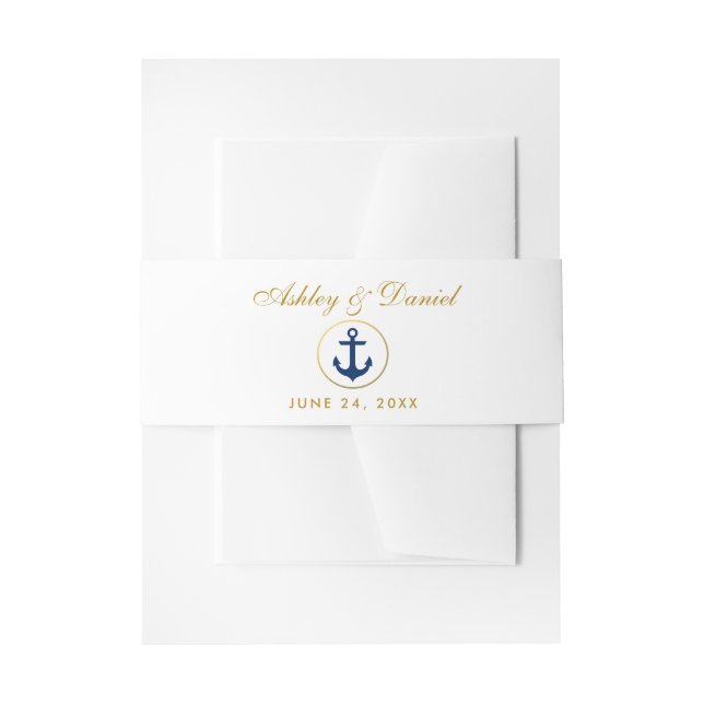 Nautical Blue Anchor Gold Wedding Invitation Belly Band (Front Example)