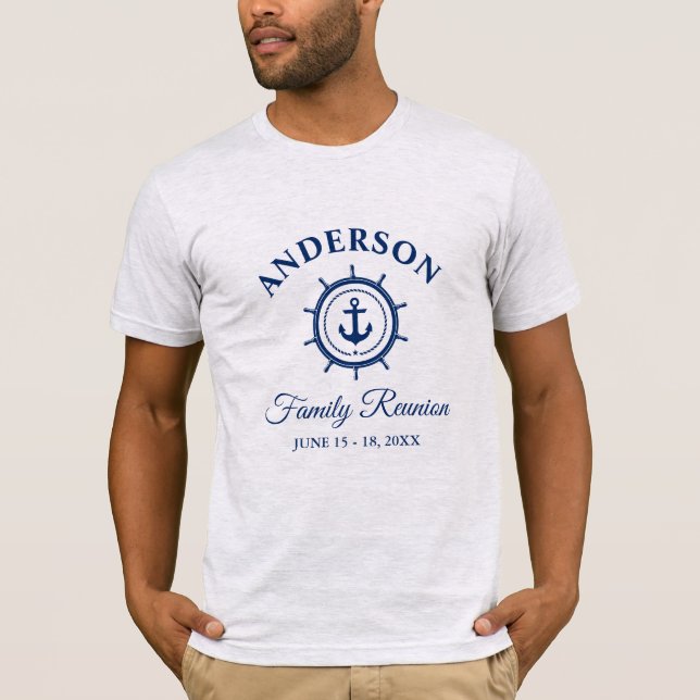 Nautical Blue Anchor Helm Family Reunion Gray T-Shirt (Front)