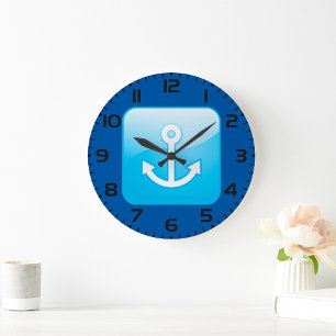 Nautical Blue Anchor Icon Modern Maritime  Large Clock