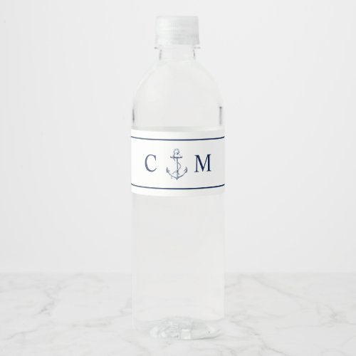 Nautical Blue Anchor Initial Wedding Water Bottle Label