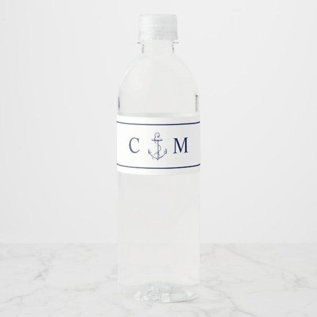 Nautical Blue Anchor Initial Wedding Water Bottle Label (Front)