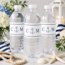 Nautical Blue Anchor Initial Wedding Water Bottle Label