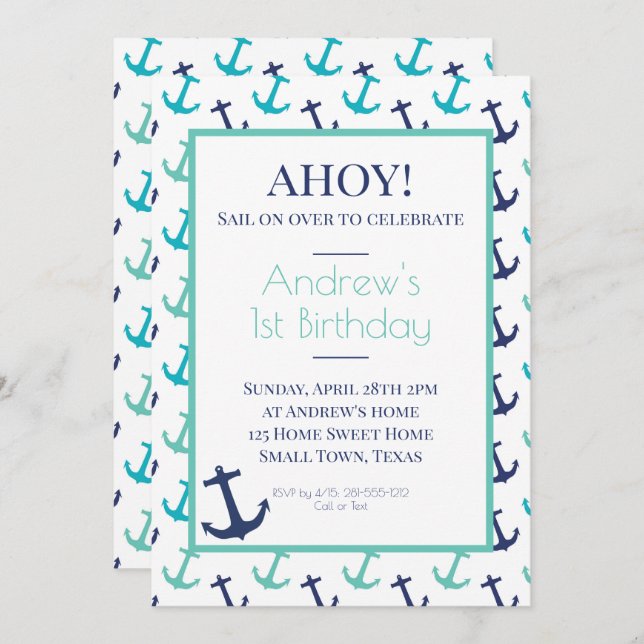 Nautical Blue Anchor Invitation (Front/Back)
