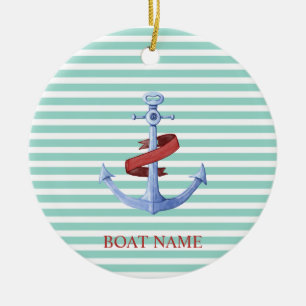 Nautical,Blue Anchor,Mint Green Stripes Ceramic Ornament