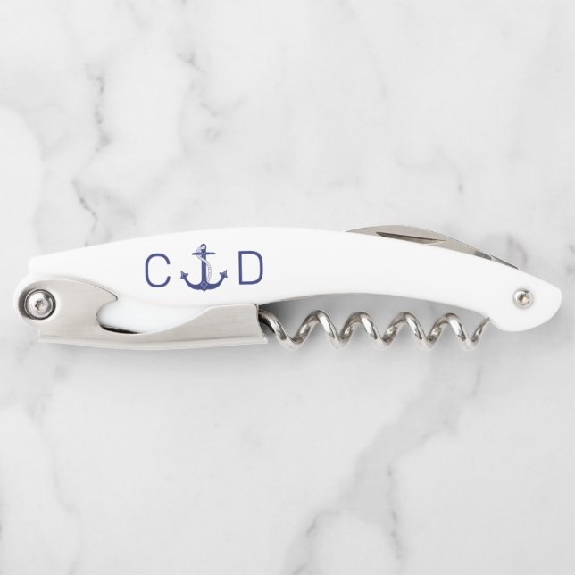 Nautical Blue Anchor Monogram Initial Waiter's Corkscrew (Front)