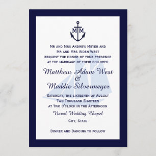Nautical Blue Anchor Monogram Wedding Invitations