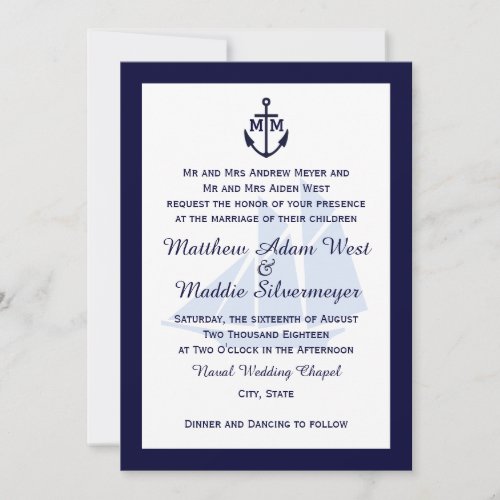 Nautical Blue Anchor Monogram Wedding Invitations