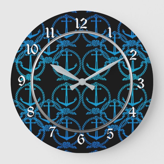 Nautical Blue Anchor Motif Round Wall Clock (Front)