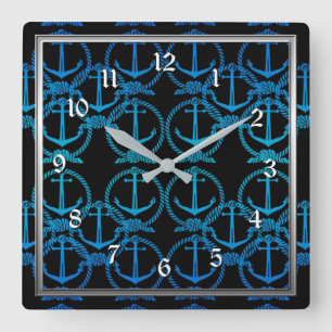 Nautical Blue Anchor Motif Square Wall Clock