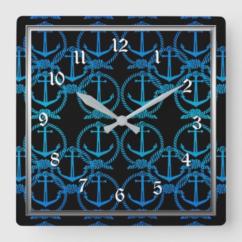 Nautical Blue Anchor Motif Square Wall Clock