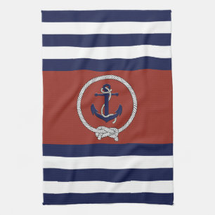 Nautical blue anchor/navy knot/blue/white stripe kitchen towel