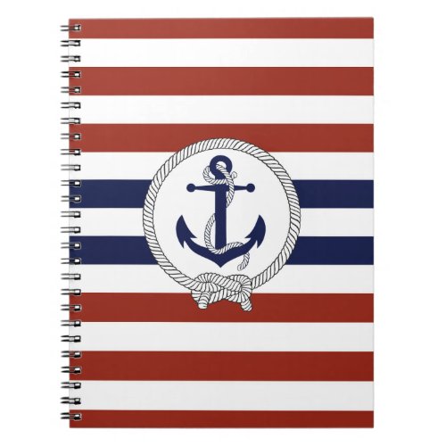 Nautical blue anchorNavy knotredwhite stripe Notebook