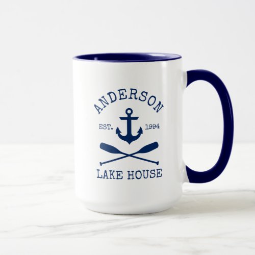 Nautical Blue Anchor Oars Name Lake House Large Mug