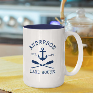 Nautical Blue Anchor Oars Name Lake House Large Two-Tone Coffee Mug