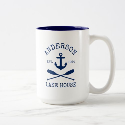 Nautical Blue Anchor Oars Name Lake House Large Two_Tone Coffee Mug