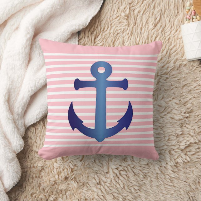 Nautical Blue Anchor On Pink White Stripe Pattern Throw Pillow (Blanket)
