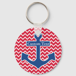 Nautical Blue Anchor on Red Chevron Background Keychain