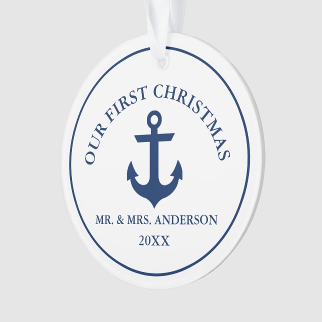 Nautical Blue Anchor Our First Christmas Ornament (Front)