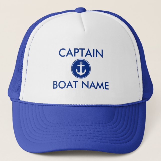 Nautical Blue Anchor Personalized Boat Captain Hat (Front)