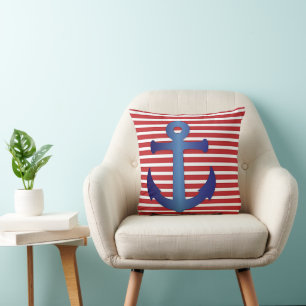 Nautical Blue Anchor Red White Striped Stripes Throw Pillow