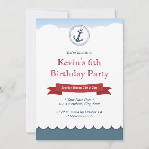 Nautical Blue Anchor  Sea Birthday Invitations