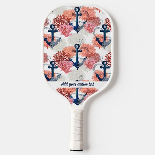 Nautical Blue Anchor Sea Coral Pattern Custom Text Pickleball Paddle