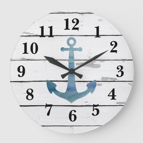 Nautical Blue Anchor Shiplap Rustic Decor Large Clock