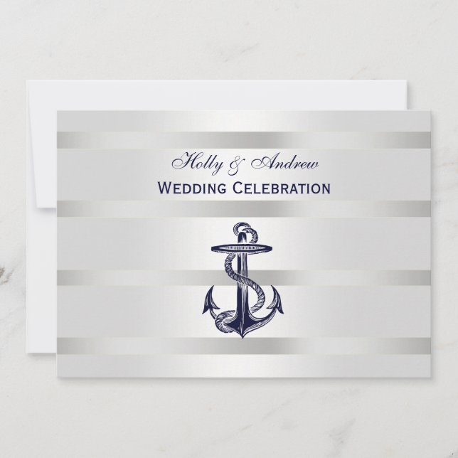Nautical Blue Anchor Silver Wt BG H Wedding Invitation (Front)