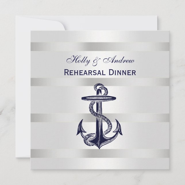 Nautical Blue Anchor Silver Wt BG SQ Rehearsal Din Invitation (Front)
