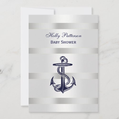 Nautical Blue Anchor Silver Wt BG V Baby Shower Personalized Invites