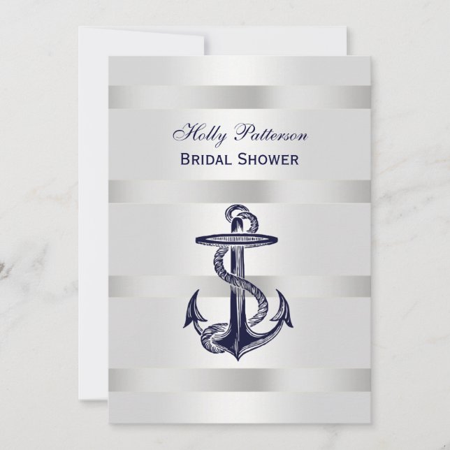 Nautical Blue Anchor Silver Wt BG V Bridal Shower Invitation (Front)