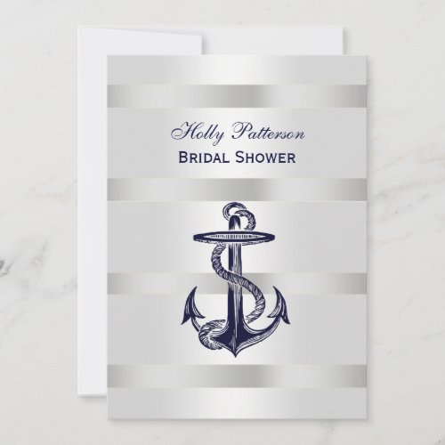 Nautical Blue Anchor Silver Wt BG V Bridal Shower Personalized Invitations