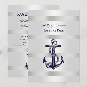 Nautical Blue Anchor Silver Wt BG V Save the Date Invitation