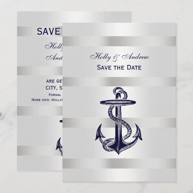 Nautical Blue Anchor Silver Wt BG V Save the Date Invitation (Front/Back)