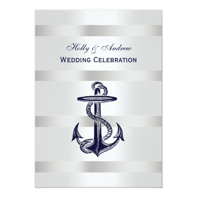 Nautical Blue Anchor Silver Wt BG V Wedding Invitation