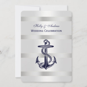 Nautical Blue Anchor Silver Wt BG V Wedding Invitation