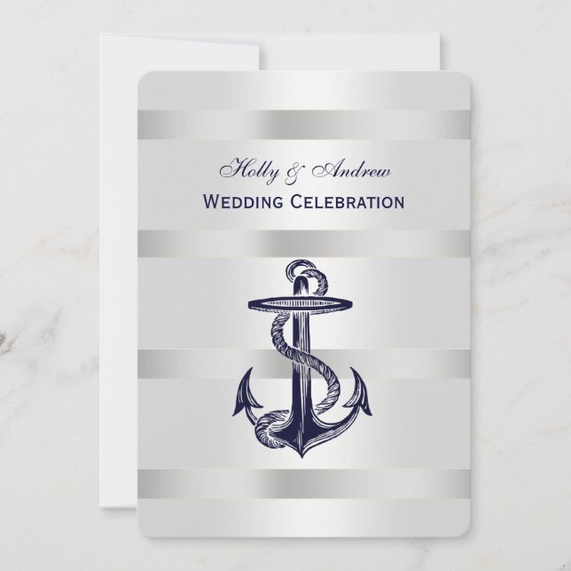 Nautical Blue Anchor Silver Wt BG V Wedding Invitation (Front)