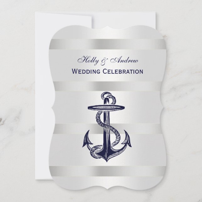 Nautical Blue Anchor Silver Wt BG V Wedding Invitation (Front)