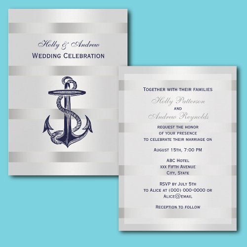 Nautical Blue Anchor Silver Wt BG V Wedding Custom Invite