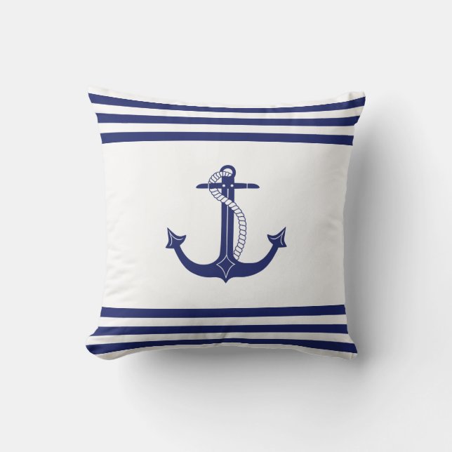Nautical Blue Anchor Simple Navy and White Stripes Throw Pillow (Front)