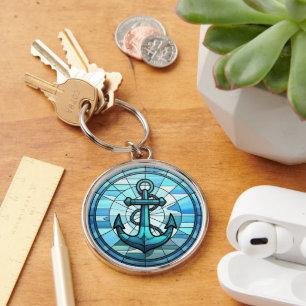 Nautical Blue Anchor Stained Glass Keychain