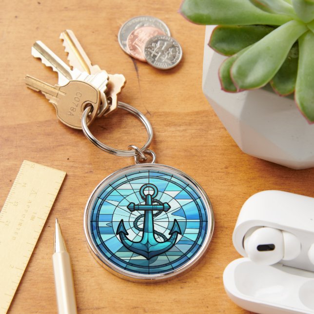 Nautical Blue Anchor Stained Glass Keychain (Desk)