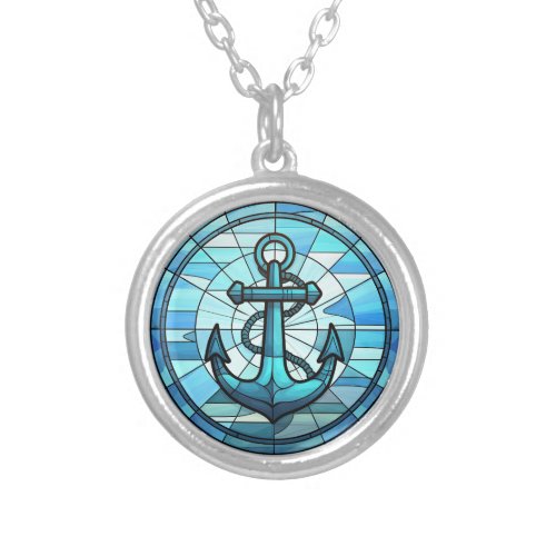 Nautical Blue Anchor Stained Glass Silver Plated Necklace