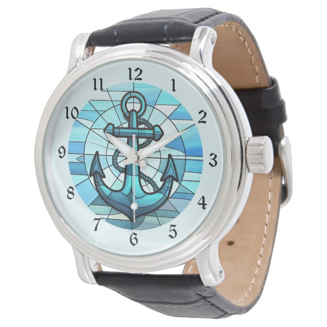 Nautical Blue Anchor Stained Glass Watch (Angled)
